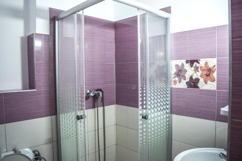 a bathroom with a glass shower with a toilet at Pensiunea Arizona in Corbeni