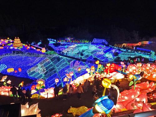 a group of people standing in front of a christmas display at Izu no Ie UNO in Ito