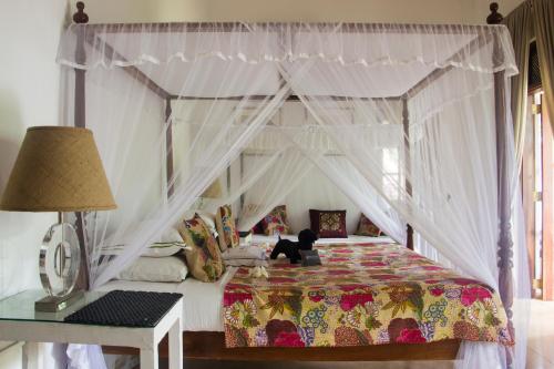 a bedroom with a canopy bed with a teddy bear on it at Why House in Unawatuna