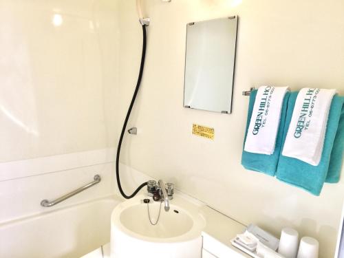 een badkamer met een wastafel, een bad en een spiegel bij Green Hill Hotel Tennoji Ekimae in Osaka