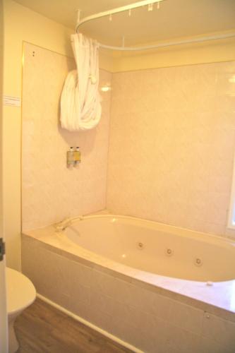 a bathroom with a bath tub and a toilet at Sherborne Motor Lodge in Christchurch