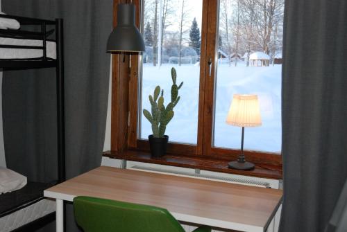 a desk with a cactus in a window with a lamp at Storstrand Kursgård in Piteå