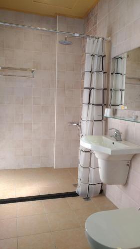 a bathroom with a shower and a toilet and a sink at Shui Bu Zi Farmhouse in Puli