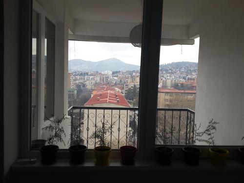 a view of a city from a balcony with potted plants at Apartment in Veles