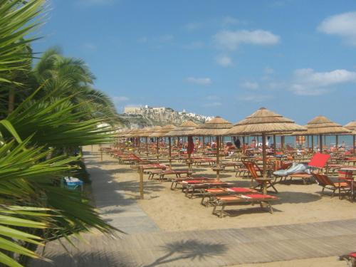 un montón de sillas y sombrillas en una playa en Villa Medina, en Vieste