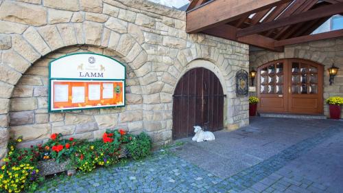 a dog sitting in front of a building with a door at Hotel Lamm in Ostfildern