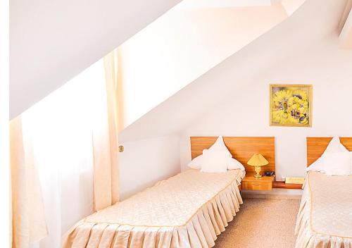 a bedroom with two beds and a window at Hotel Roco in Izvin