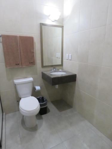 a bathroom with a white toilet and a sink at Hotel San Juan Periferico in Villahermosa