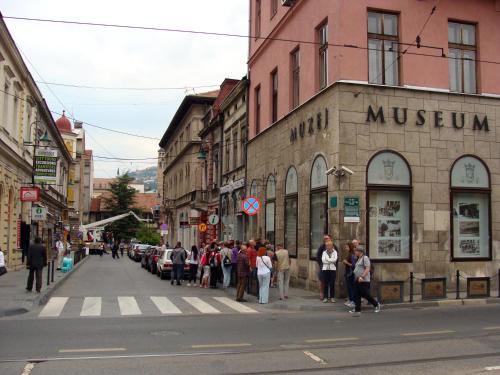a group of people waiting to cross a street in a city at Miaap Apartments in Sarajevo