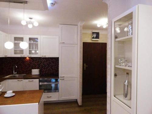 eine Küche mit weißen Schränken und einem schwarzen Kühlschrank in der Unterkunft Na Grobli 014 in Breslau