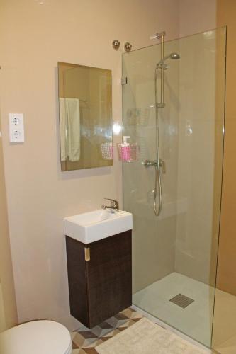 a bathroom with a sink and a shower at Lunar Guest House in Porto