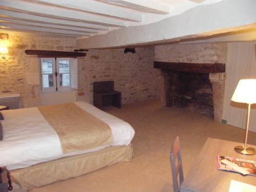 a bedroom with a bed and a fireplace at Logis Hôtel Restaurant Le Puits Doré in Richelieu