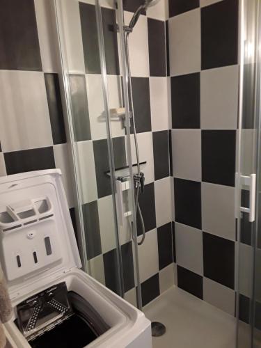 グリュイッサンにあるLes Marines 2の黒と白のタイル張りのバスルーム(シャワー付)