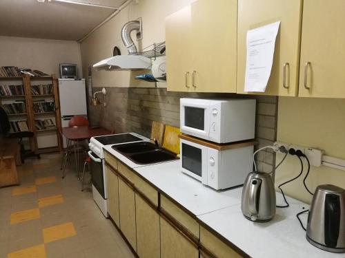 a kitchen with a stove and a microwave at Mahtra Hostel in Tallinn