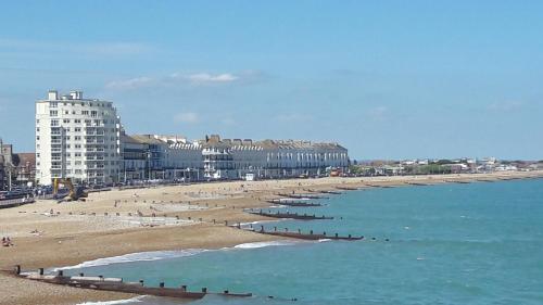 a view of a beach with buildings and the ocean at Ebor Lodge in Eastbourne