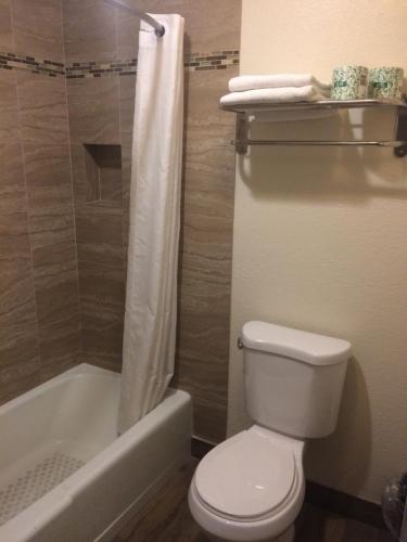 a bathroom with a toilet and a shower and a tub at Royal Inn in Lomita