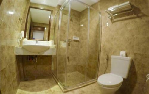 a bathroom with a shower and a toilet and a sink at MO2 Lagoon Coron in Coron