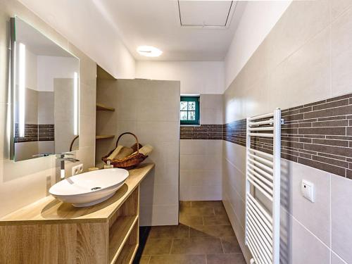 ein Bad mit einem Waschbecken und einem Spiegel in der Unterkunft Troadkostn in Drasenhofen