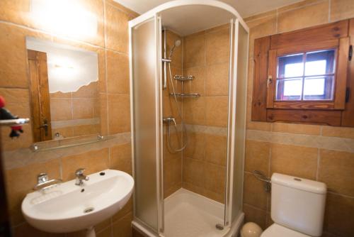 a bathroom with a shower and a sink and a toilet at Drevenice TriMount in Liptovský Mikuláš