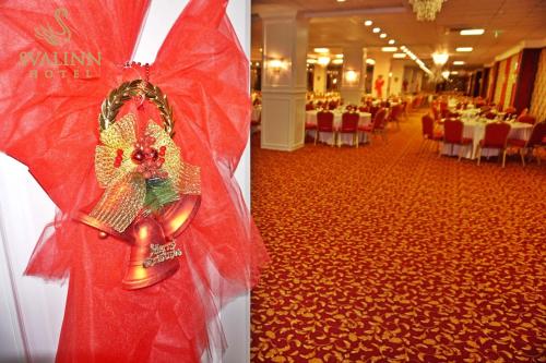 two pictures of a banquet hall with a red dress at Svalinn Hotel in Izmir