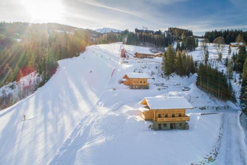 an aerial view of a ski lodge in the snow at Prenner Alm in Haus im Ennstal