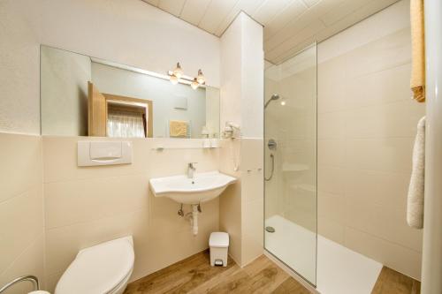 a bathroom with a toilet and a sink and a shower at Residence Ulrike in Nova Levante