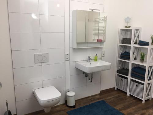 La salle de bains blanche est pourvue de toilettes et d'un lavabo. dans l'établissement Rudis, à Monschau