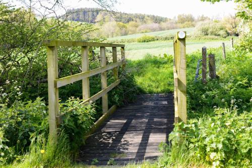 a wooden bridge over a path in a field at Laverstock Cottage in Bridport