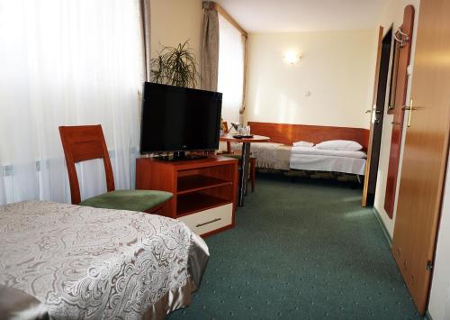 a hotel room with a television and a bed at Pod Szczęśliwą Gwiazdą in Cekanowo