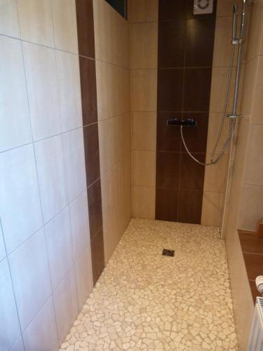 a bathroom with a shower with a tile floor at Domaine Des Hauts Viaux in La Bresse