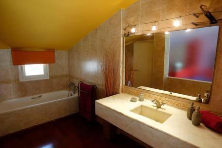 タラゴナにあるÁTICO DUPLEX CON VISTAS AL FORO ROMANOのバスルーム(シンク、バスタブ、鏡付)