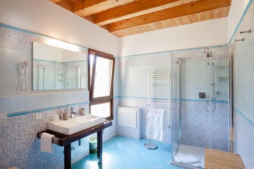 ein Bad mit einem Waschbecken und einer Dusche in der Unterkunft Massa Vecchia in Massa Marittima