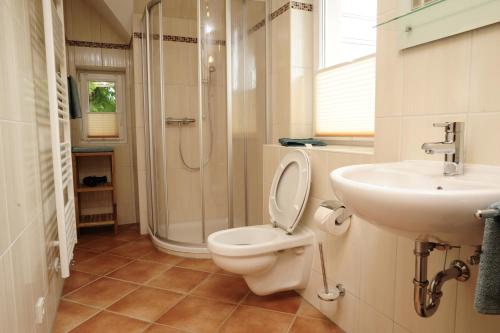 a bathroom with a toilet and a sink and a shower at Beim Kahnfährmann in Schlepzig