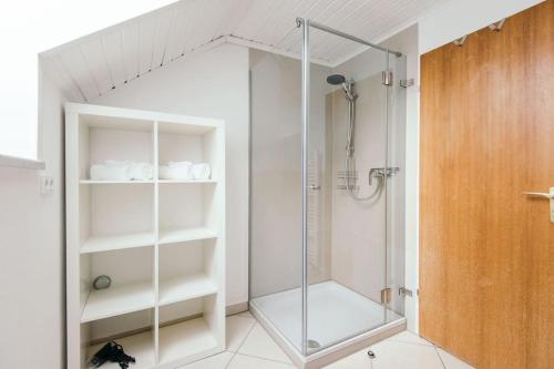 eine Dusche im Bad mit Glastür in der Unterkunft Ferienwohnung am Seidlpark in Murnau am Staffelsee
