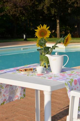 a table with a vase of sunflowers and a plate of food at Casale Santa Caterina in Amelia