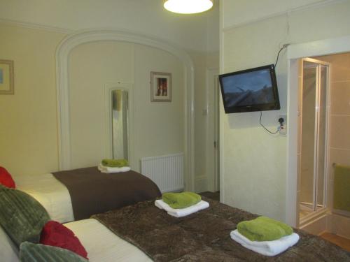 a room with two beds and a tv on the wall at Caledonia Guest House in Plymouth