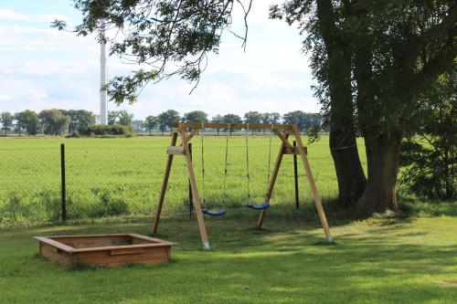 a swing set in a field with a tree at Ferienhaus Loose 8 in Letschin