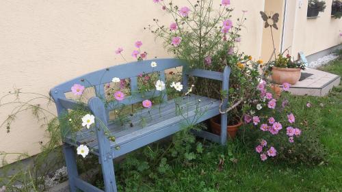 a blue bench sitting next to a bunch of flowers at Ferienhaus Loose 8 in Letschin