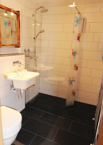 a bathroom with a sink and a shower and a toilet at Chalet Barbara in Grächen