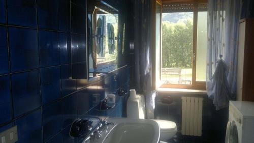 een badkamer met een wastafel, een toilet en een raam bij Champdepraz Casa Vacanze in Champdepraz