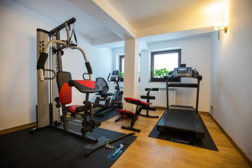 a gym with several tread machines and a treadmill at Bran Monte Crai Chalet in Bran