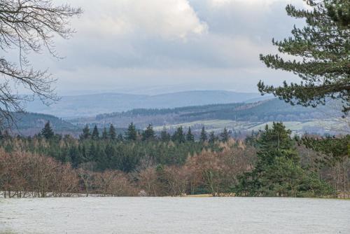 a snow covered field with trees and mountains in the background at Douneside House in Tarland