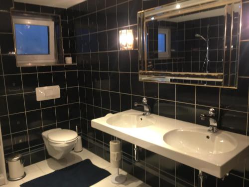 een badkamer met een wastafel, een toilet en een spiegel bij Traumhaft Ruhige Lage Eva Lamprecht in Innsbruck