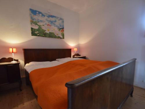 a bedroom with a large bed with an orange blanket at Chata Hnyk in Zlatá Olešnice
