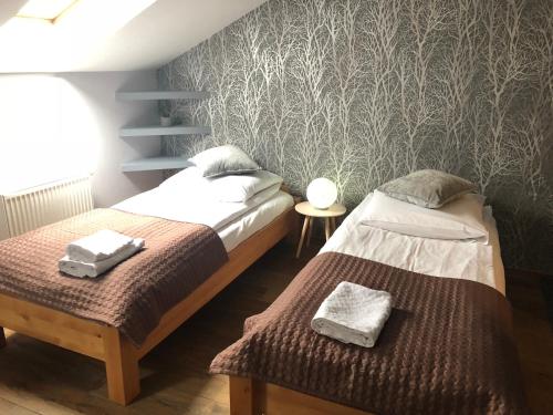 1 dormitorio con 2 camas y un mural en la pared en Sokół, en Racibórz