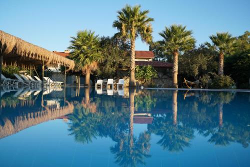 a swimming pool with palm trees and a resort at Flow Datca Surf & Beach Hotel in Datca