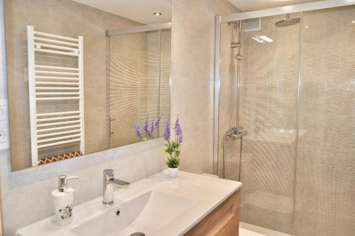 a bathroom with a sink and a shower at Mirador Catedral de Santiago in Bilbao