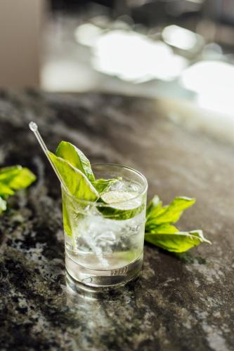 a glass of water with a green leaf on a table at Novotel Montréal Aéroport in Dorval