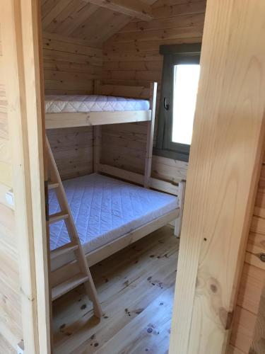 a bunk bed in a cabin with a ladder at Morskieustronie in Ustronie Morskie