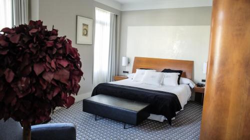 a hotel room with a bed and a large plant at Gran Hotel Albacete in Albacete